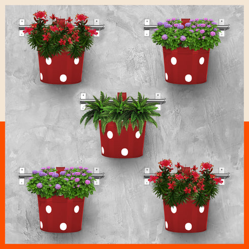 RUI Hanging Metal Pot Holders / Planters for Home / Balcony / Garden | Red - Set of 5